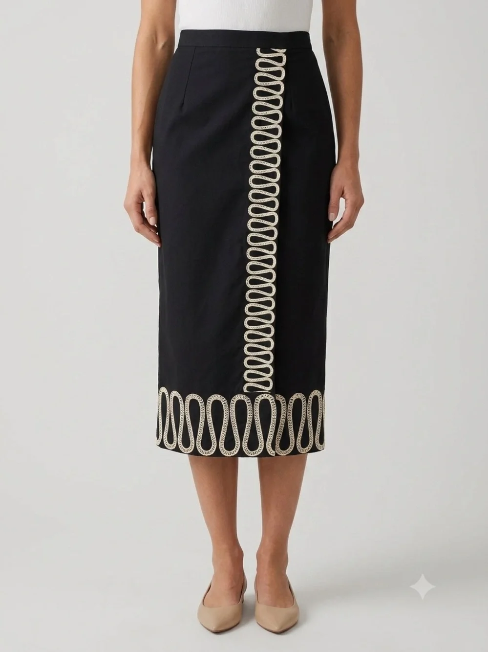 Antonio Melani Classic Black Pencil Skirt with Embroidered Ivory Trim